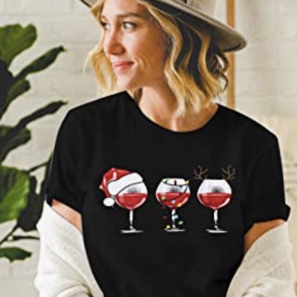 Wine Not Merry Christmas Short Sleeve Tee in Black and Red Size Medium - Picture 3 of 11